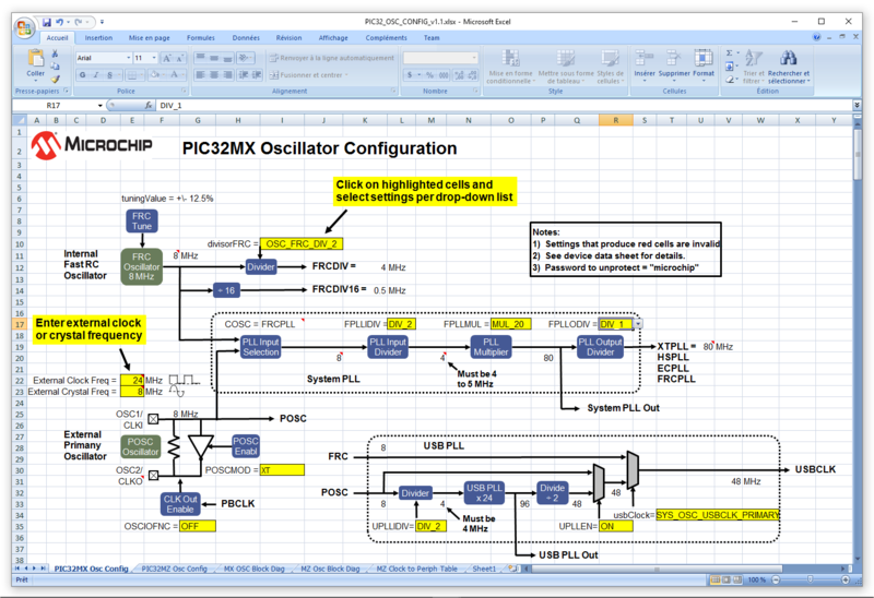 PIC32 oscillator configuration spreadsheet